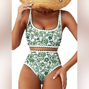 Herseas Women Bikini Sets Floral Print Whip Stitch 2 Piece Swimsuits High